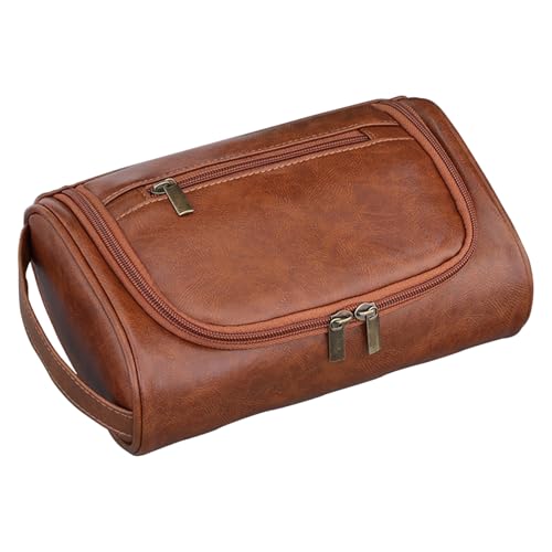 Beauty case da uomo in pelle – Borsa da toilette impermeabile con separazione asciutta e bagnata, borsa marrone ispessita, organizer da viaggio con scomparti multipli | Borse da toilette da uomo