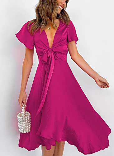 Image of miduo Womens Satin V Neck Ruffle Short Sleeve Tie Front High Waist Midi A-Line Maxi Dresses