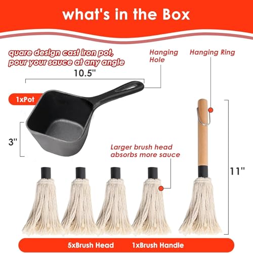 Image of Cast Iron Sauce Pot & Mop Brush Set-4Pcs Heads BBQ Basting Kit for Grilling | Cast iron pot+4-head mop brush set. Holds heat to keep sauces warm. Removable wood handle. For BBQ basting & butter melting.
