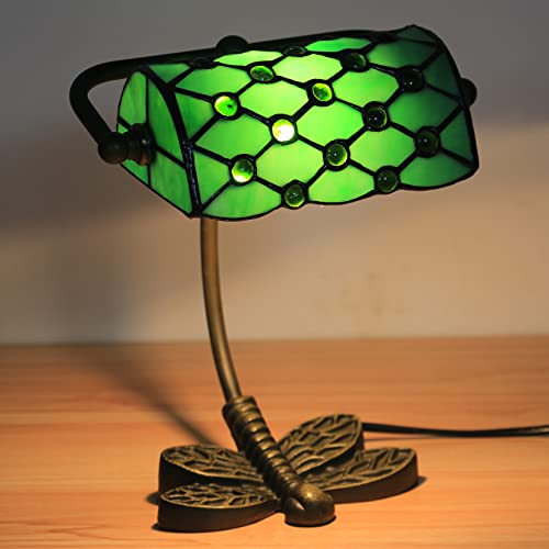 Fiunkes Lámpara de banquero, lámpara de Piano Tiffany, lámpara de Mesa de vitral Rosa, Verde y Rojo, pequeña lámpara de Noche con pájaro Rosa Barroco para Sala de Estar y Oficina.,Verde