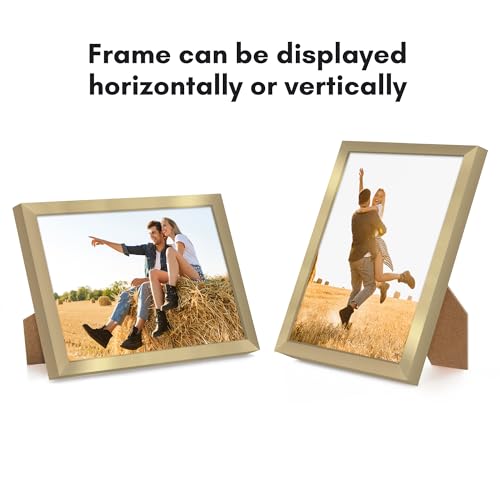Image of Americanflat 5x7 Picture Frame with Shatter-Resistant Glass - Streamline Collection - Thin Border Photo Frame for Tabletop and Wall Display - Hanging Hardware and Easel Stand Included - Gold