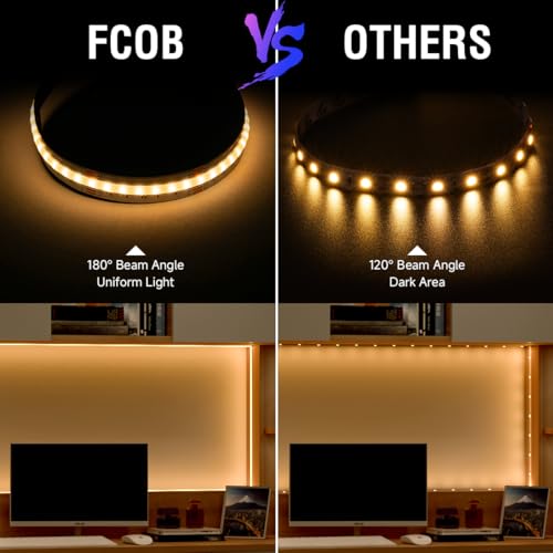 FCOB COB RGBCCT LED Strip Lights 16.4FT RGB + CCT Tunable White 3000K-6000K 24V Flexible High Density Strips 960LEDs/m, Cuttable 12mm Width Tape Light for Bedroom Kitchen Cabinet (No Power/Controller)