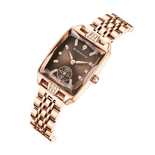 Image of Giordano Analog Watch for Women - Rectangular Dial, Crystal Hour Markers and Rose Gold Stainless Steel Strap