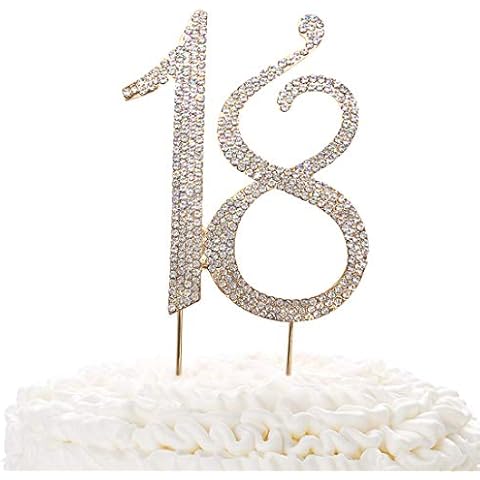 18 Gold Cake Topper | Premium Sparkly Crystal Rhinestones | 18th Birthday or Anniversary Party Decoration Ideas | Quality Metal Alloy | Perfect Keepsake Cover