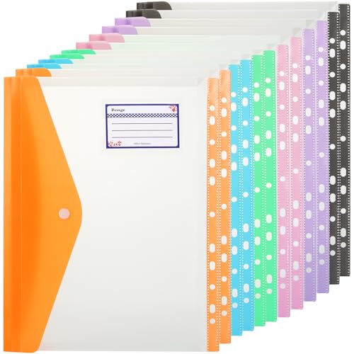 ASelected 12Pcs A4 Plastic Wallets, Punched Pockets Document Folder Popper 11 Hole Binder Files with Pockets for School, Office, Home, Travel 6 Colors