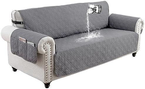 DSECHCRSL Sofa Cover 3 Seater, 100% Waterproof and Non-Slip Sofa Protectors Slipcover with 6 Side Pocket, 3 Seats Couch Covers with Adjustable Elastic Strap for Kids, Dogs, Easy To Clean,Grey