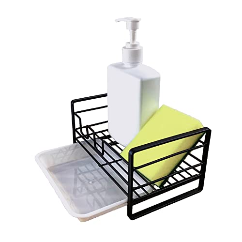 ANHORTS Soporte de Esponja de Cocina, Escurridor con Bandeja de Drenaje, Accesorio Fregadero para Colocar Cepillo Esponja y Gel Higienizante de Manos, Metal, Negro Cover