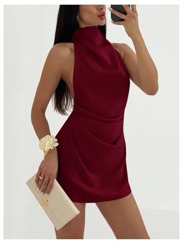 Image of Floerns Women's Ruched Cowl Neck Halter Mini Dress Tie Backless Night Out Dresses