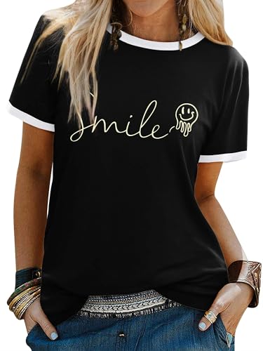 WIEIYM Women's T Shirts Smile Letter Print Summer Tee Crew Neck Ladies Short Sleeve Tops Casual Shirt S-XXL Black