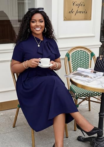 Image of FANDEE Midi Dress for Women Casual Short Sleeve A-line Semi Formal Fit and Flare Dress Classy Tie Neck Work Business Dresses