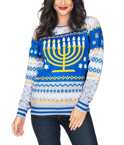 Tipsy Elves Hanukkah Sweaters for Women - Adult Ugly Sweaters for The Holidays - Cute and Cozy Ultra Comfortable Pullovers - Women's Grey Reversible Sequin Menorah Hanukkah Sweater Size Medium
