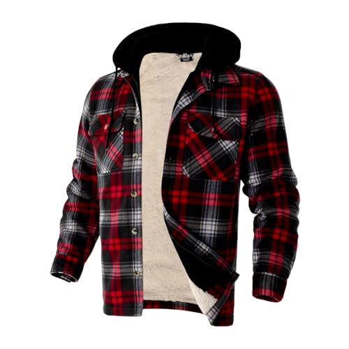 Image of TanBridge Men's Cotton Plaid Shirts Jacket Full Zip Fleece Flannel Sherpa Lined Hoodies Heavyweight Hoodies Jacket for Men
