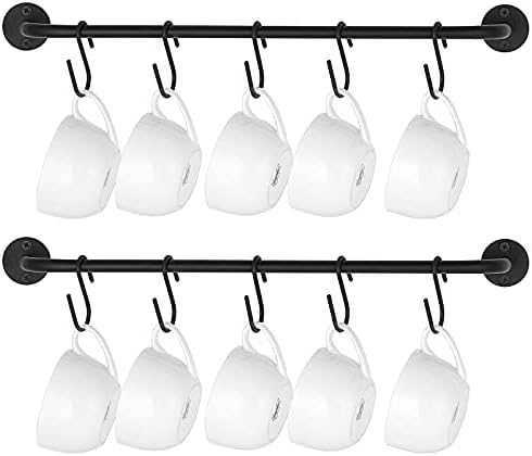 Mkono Mug Holder Wall Mounted Coffee Cup Rack Hanger Modern Metal Wall Rack with 10 Mug Hooks Rustic Utensil Tea Cups Storage Organizer for Kitchen Dining Room Coffee Bar, Set of 2, Black