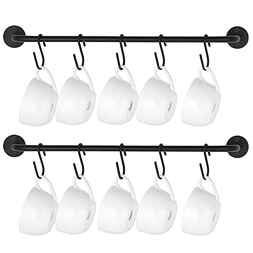 Mkono Mug Holder Wall Mounted Coffee Cup Rack Hanger Modern Metal with 10 Mug Hooks Rustic Utensil Tea Cups Storage Organizer for Kitchen Dining Room Coffee Bar, Set of 2, Black