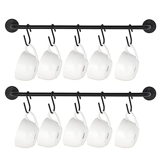 Mkono Mug Holder Wall Mounted Coffee Cup Rack Hanger Modern Metal Mugs Wall Rack with 10 Mug Hooks Rustic Utensil Tea Cups Storage Organizer for Kitchen Dining Room Coffee Bar, Set of 2, Black