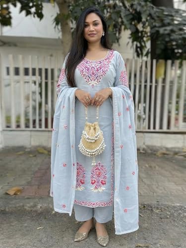 Image of ANNI Designer Women's Rayon Viscose Embroidered Straight Kurta with Pant & Dupatta