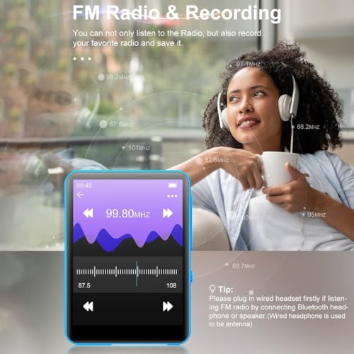 Image of AUDIOCULAR M31 32GB Portable Mp3 Music Player with Bluetooth, 2.4 inch LCD Touch Screen, Video Playback, Built-in Speaker, Voice Recording Function Mini HiFi Lossless Digital Audio Player (32GB - Blue)