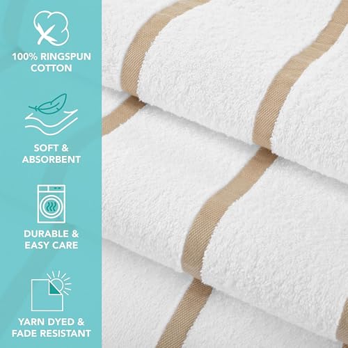 Image of Casa Copenhagen Pack of 2 Cabana Pool XL Towels for Bath Cotton Rough and Tough Use,70 x 140 cm Colour : White Beige Stripe