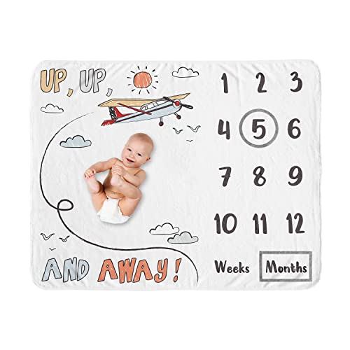 Image of Sweet Jojo Designs Vintage Airplane Boy Milestone Blanket Monthly Newborn First Year Growth Mat Baby Shower Memory Keepsake Gift - Grey Yellow Orange Red White Blue Airplanes Transportation Cloud