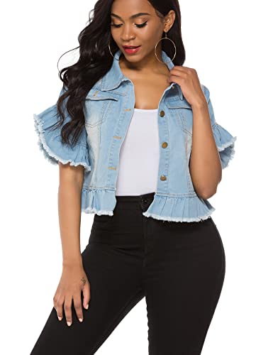 Image of Suvimuga Women's Denim Jacket Button Down Distressed Ruffle Sleeve Crop Jean Jackets Coat