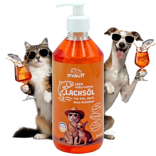 Miauff Lachsöl für Hunde & Katzen – Fischöl mit Omega-3 & -6 Fettsäuren (EPA & DHA) – Unterstützung für Haut, Fell & Vitalität (500ml)