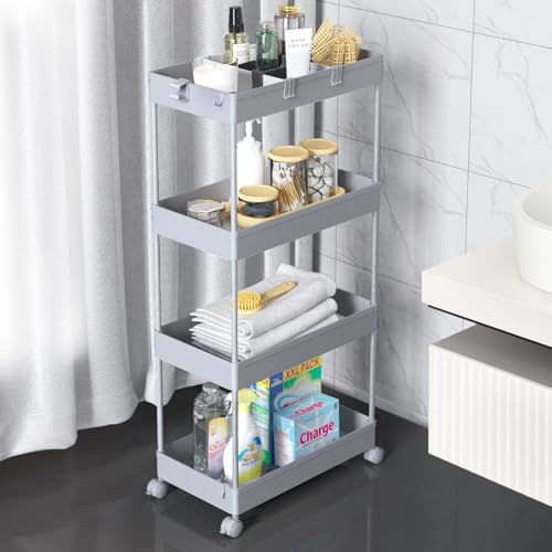 Image of SPACELEAD 4 Tier Rolling Cart with Wheels, Storage Craft Art Trolley Organizer Serving, 3 Hanging Baskets Easy Assembly, for Office, Living Room, Kitchen
