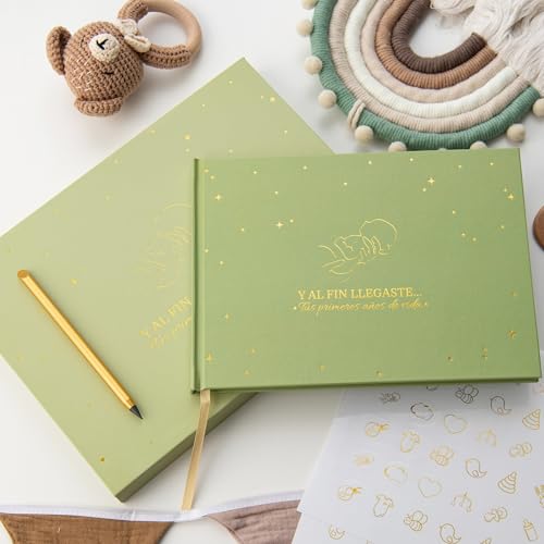 Imagen de PROENMU® Album Fotos Bebe Primer Año + Lápiz Metálico + Caja Regalo con Cierre Magnético + Pegatinas Libro Recuerdos Bebe Album Bebe Recien Nacido hasta los 5 Años