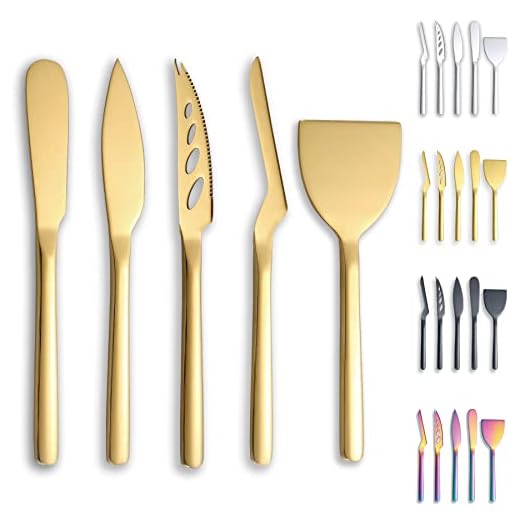 Berglander Gold Cheese Knife Set of 5 for All Types of Cheese, Golden Titanium Plating Cheese Cutter Slicer Ergonomic Design for Confortable Grip and Cut, Butter Spreader Knife