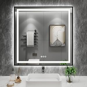 Amorho 36″x 36″ LED Bathroom Mirror with Black Frame, Front Light and Backlit, Stepless Dimmable, Anti-Fog, Shatter-Proof, Memory, 3 Colors, Double LED Vanity Mirror