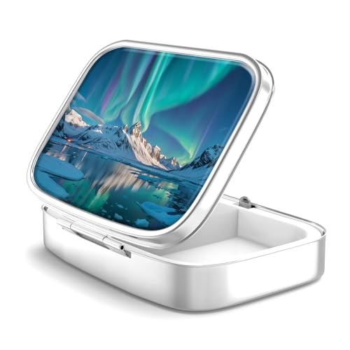 Image of Pill Box 2 Compartment Small Pill Case,Portable for Pocket or Purse Pill Organizer Pill Container Holder to Hold Vitamins, Medication, Fish Oil and Supplements(Aurora Lights)