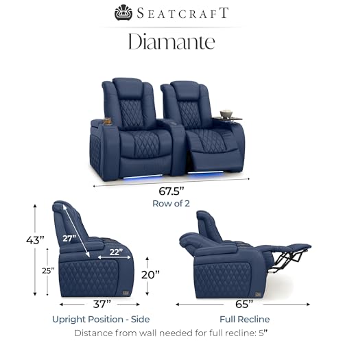 Image of Seatcraft Diamante Navy Blue Italian Leather Home Theater Seating, Zero Gravity Power Recliner, Gaming and Home Office Chair, Powered Headrest Furniture for Family Cinema Room, Row of 2