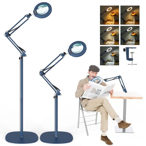 Image of 12X Magnifying Glass with Light and Stand, Real Glass Lens (Not Acrylic), 5 Color Modes, Stepless Dimmable, LED 3-in-1 Floor Lamp, Swing Arm with Clamp, Lighted Magnifier Hands Free for Crafts - Blue