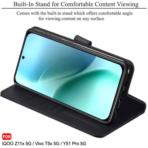Image of TheGiftKart Flip Back Cover Case for iQOO Z11x 5G / Vivo T5x 5G / Vivo Y51 Pro 5G | Genuine Leather Finish | Designer Button | Inbuilt Pockets & Stand | Flip Back Case Cover (Faux Leather, Black)