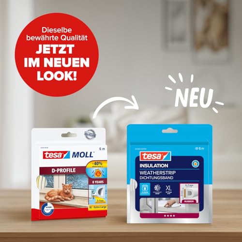 tesa INSULATION Gummidichtung XL - Selbstklebende Dichtung zum Isolieren von Spalten an Fenstern und Türen - Weiß - 6 m x 9 mm x 7 mm