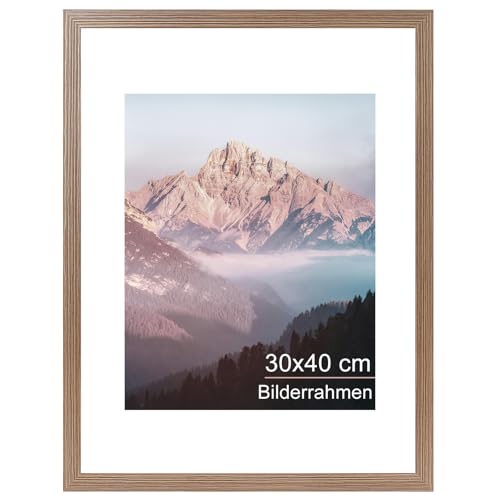 OMISHE Marco de madera maciza 30 x 40 cm, rústico marrón con paspartú de 21,5 x 28 cm y funda de plástico