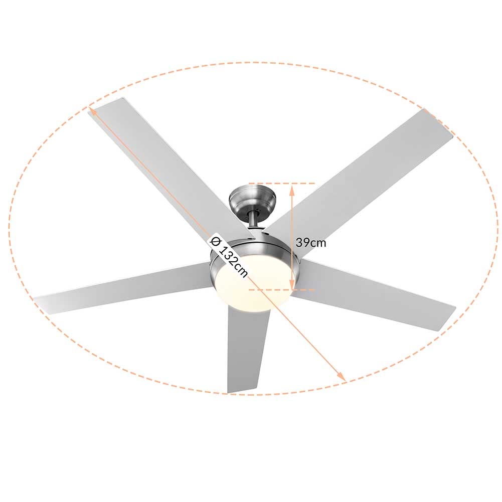 BAKAJI Ventilatore Lampadario da Soffitto 5 Pale in Legno con Lampada Plafoniera 60 LED 20W in Vetro 3 Velocità Funzione Timer Luce Cambio Colore e Telecomando Diametro 132cm Bianco Silver