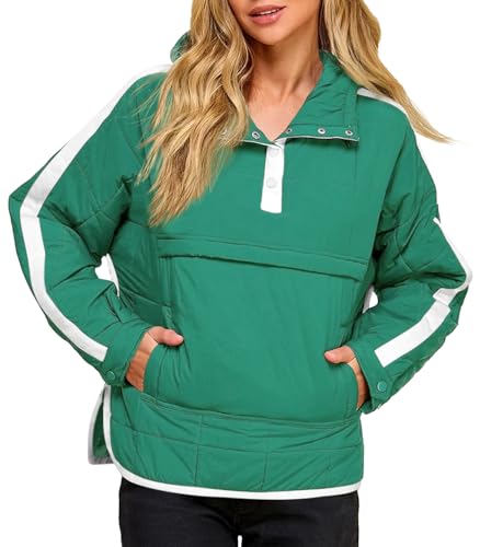 Tankaneo Womens Oversized Puffer Pullover Jacket Quilted Color Block Puffy Hooded Coat Fall Hoodies Outerwear with Pockets
