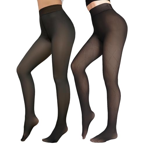Image of X-CHENG 2 Pairs Women Fleece Lined Tights-Fishnets Patterned High Waist Thermal Pantyhose Fake Translucent Sheer Thick Warm Tights For Women