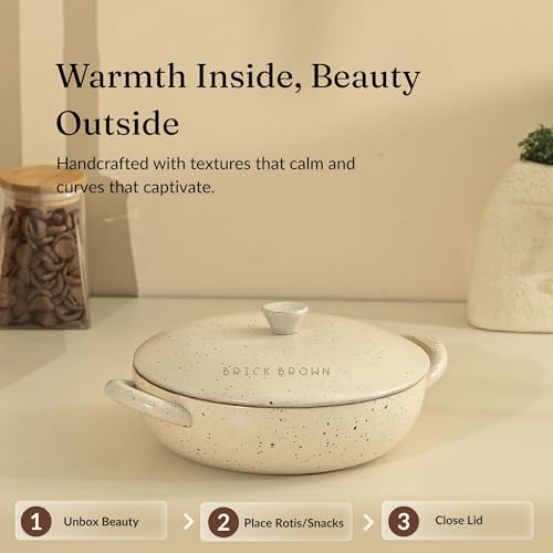 Image of Brick Brown Pebble Wooden Roti Box with Handle | Chapati Box for Kitchen | Roti Casserole Hot Pot with Lid | Case Roti Dabba Server for Dining Table | Handmade Roti Container (11.5x9x4.4 in)