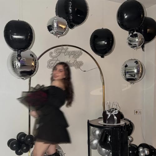 Image of 8 Pcs Black Silver Round Foil Balloons Metallic Silver Black 4D Ball Balloon Chrome 22 In Ornament Mylar Balloon for Girl Birthday Graduation Wedding Anniversary New Year Disco Party Decoration
