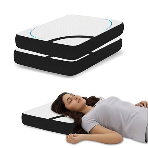 Image of Memory Foam Pillow Set of 2, 66x38x12 cm Shredded Orthopedic Support for Neck Pain Relief, White /Black Jacquard Cover with Zipper, Aligned Spine Bedding for Side