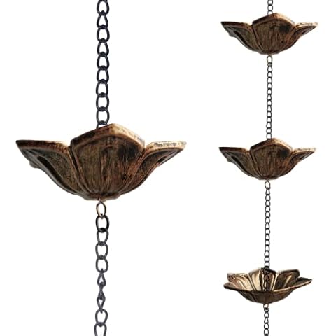 Qipade Rain Chain, 8.3ft Copper Lotus Shape Rain Chain for Eaves Drainage, Outdoor Decor (12 Cups) Cover