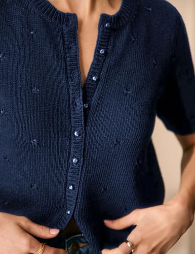 Image of Womens Cardigan Short Sleeve Lightweight Cropped Sweaters 2025 Summer Button Up Shirts Crew Neck Crochet Knit Top