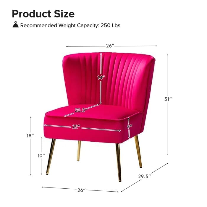Image of Modern Upholstered Accent Velvet Chair Single Seater Channel Tufted Wing Back Chair with Golden Matel Legs for Living Room, Bedroom, Dining Room, Fuchsia