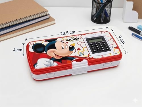 Image of SKi Homeware Pencil Box with Calculator, WHITEBOARD and A Marker | Free Stationery | Ideal for School Kids | Gift for Party Favours or Birthdays | Mickey