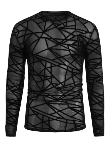 WDIRARA Men's Striped Mesh Sheer See Through Long Sleeve Round Neck Party Top