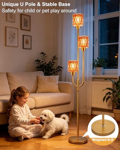 Image of 66IN Glass Floor Lamp 3-Lights Modern Gold Dimmable Floor Lamps with 3000K Warm White Bulbs for Wedding Party Standing Tall Lamp with Deep Red Glass Shade for Living Room /Bedroom /Home Decor