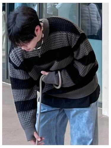 SHENHE Men's Striped Crochet Sweater Hollow Out Crew Neck Color Block Fall Sweater Pullover3