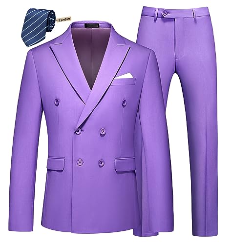 MOGU Zweireihiger Herrenanzug, schmale Passform, Smoking, Blazer und Hose, für Hochzeit, Abschlussball, Heimkehr, 2-teilig, Flieder, 44