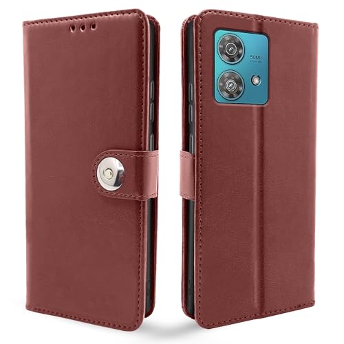 Image of Pikkme Moto Edge 40 Neo 5G Flip Cover Leather Finish | Wallet Stand and Shock Proof | Inside TPU with Card Pockets | Complete Protection Button Flip Case (Brown)